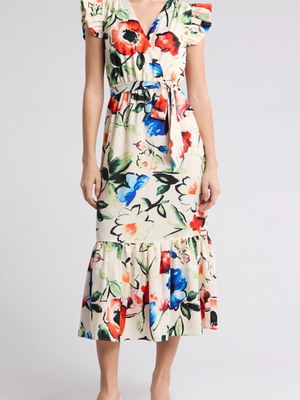 Sam Edelman Picasso Floral Ruffle Cap Sleeve Maxi Dress
